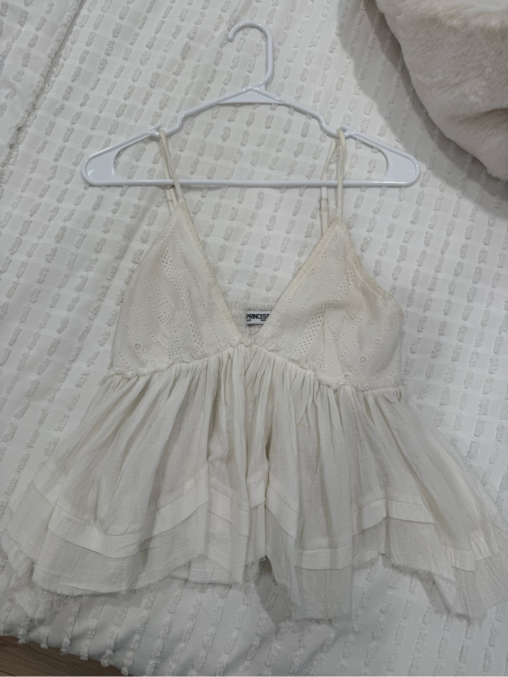 Princess Polly Cream Eyelet Tiered Spaghetti Strap Camisole